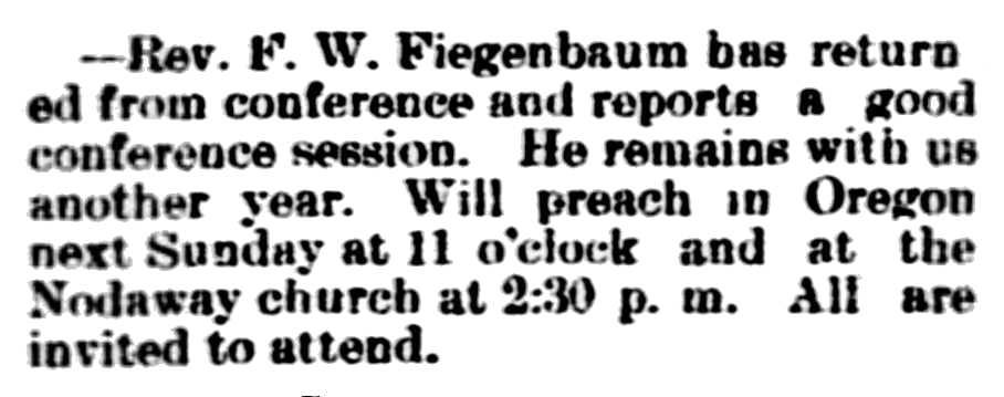 newspaper article announcing that Rev. F. W. Fiegenbaum had been reappointed pastor of the Methodist Episcopal church in Oregon, Missouri.