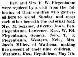 newspaper article announcing a visit to Rev. and Mrs. F. W. Fiegenbaum by five of their nine children.