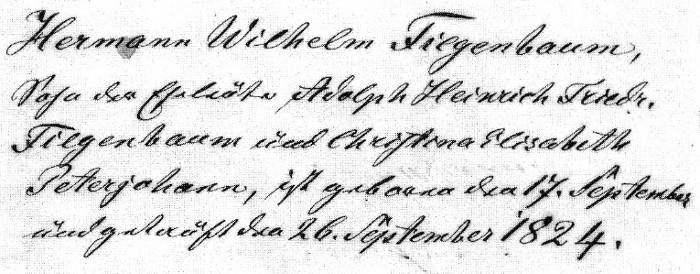 portion of a letter confirming birth and baptism of Friedrich Wilhelm Fiegenbaum