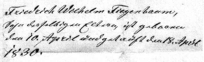 portion of the letter from the church in Lengerich reporting Friedrich Wilhelm Fiegenbaum's dates of birth and baptism