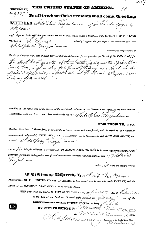 federal land patent granted to Adolph H. Fiegenbaum in 1840