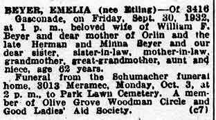 obituary for Emelia M. (Etling) Beyer