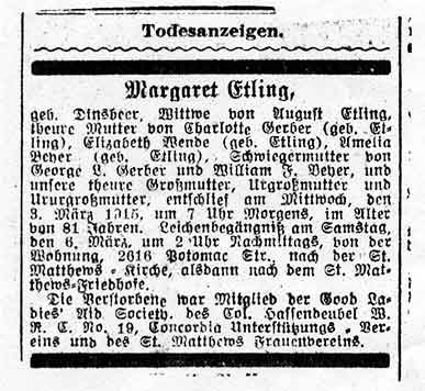 German language obituary for Margaretha (Dienstbier) Etling