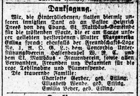 card of thanks on behalf of Margaretha (Dienstbier) Etling
