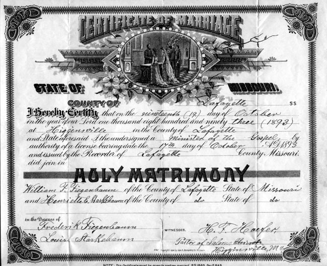 marriage certificate for William F. Fiegenbaum and Henriette C. Starkebaum