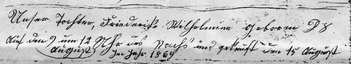 family record of Friederike W. Fiegenbaum's birth and baptism