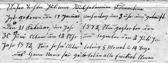 family record of Juliana W. F. Fiegenbaum's birth, baptism, death and burial
