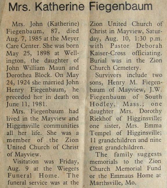 newspaper obituary for Katherine M. (Maun) Fiegenbaum