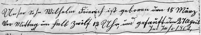 family's record of Wilhelm F. Fiegenbaum's birth and baptism