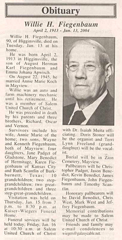 obituary for William Henry Fiegenbaum