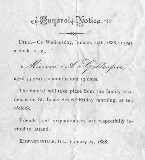 printed funeral notice for Minna A. Gillespie