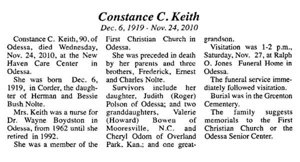 obituary for Constance C. (Nolte) Keith