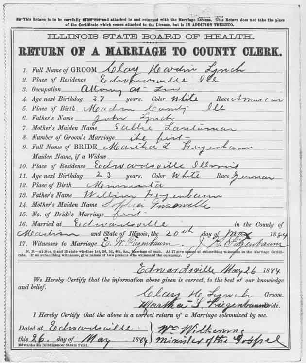 back side of the marriage license for Clay H. & Martha L. (Fiegenbaum) Lynch