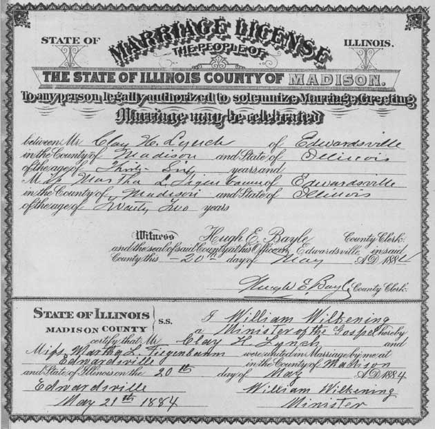 front side of the marriage license for Clay H. & Martha L. (Fiegenbaum) Lynch