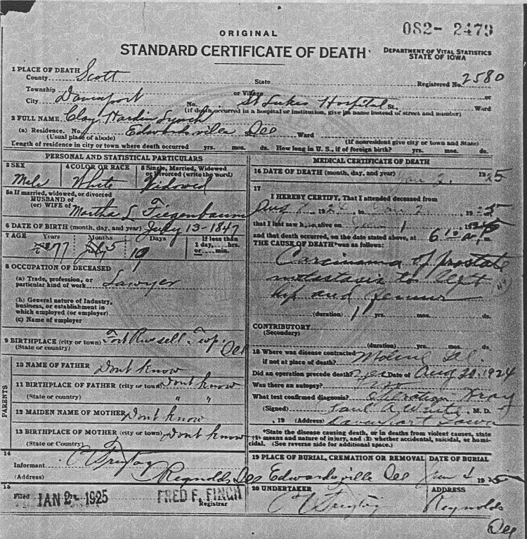 Death certificate for Clay H. Lynch