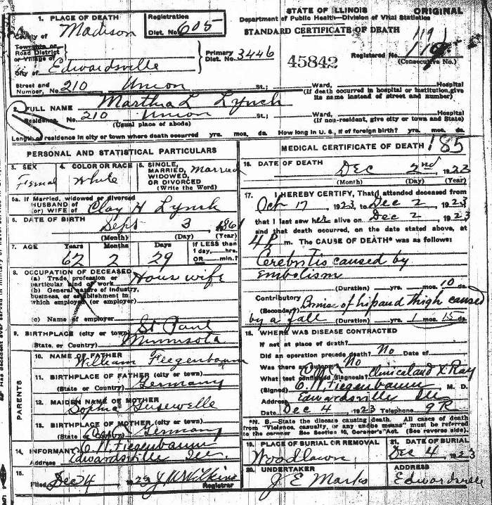 death certificate for Martha L. (Fiegenbaum) Lynch