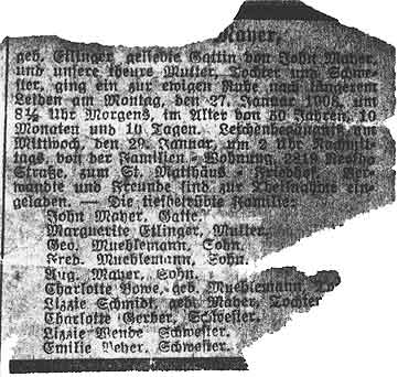 1908 obituary for Katherine (Etling) Mayer