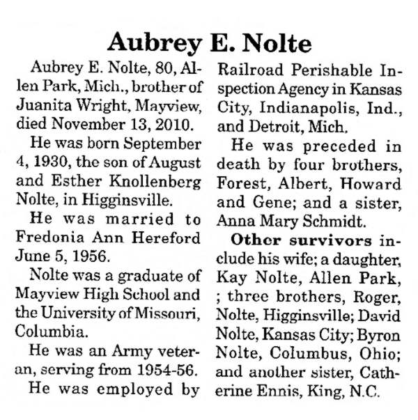 newspaper obituary for Aubrey Earl Nolte