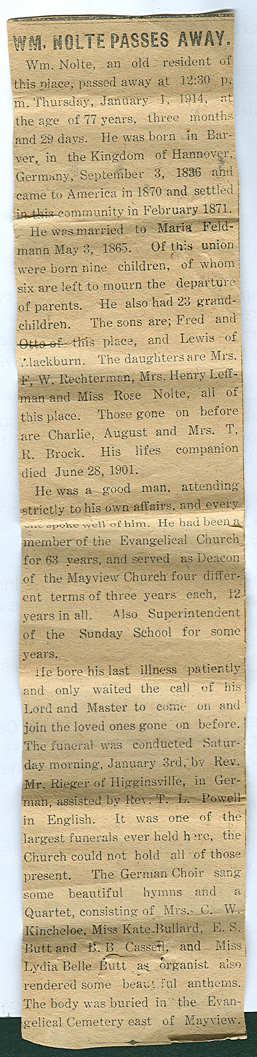 Enlarged image of the 1914 English-language obituary