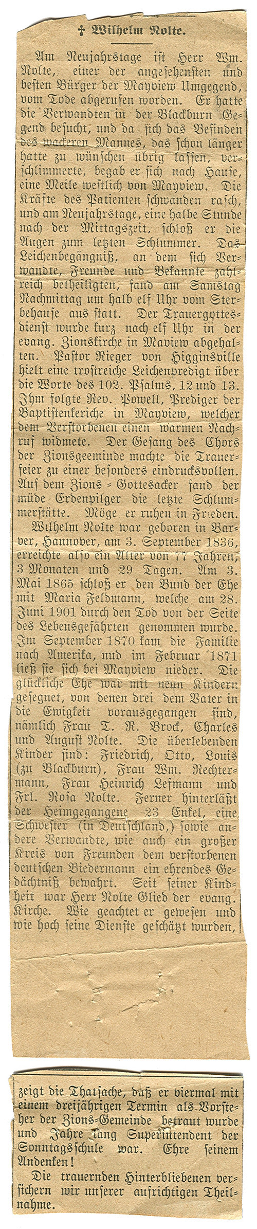 Enlarged image of the 1914 German-language obituary