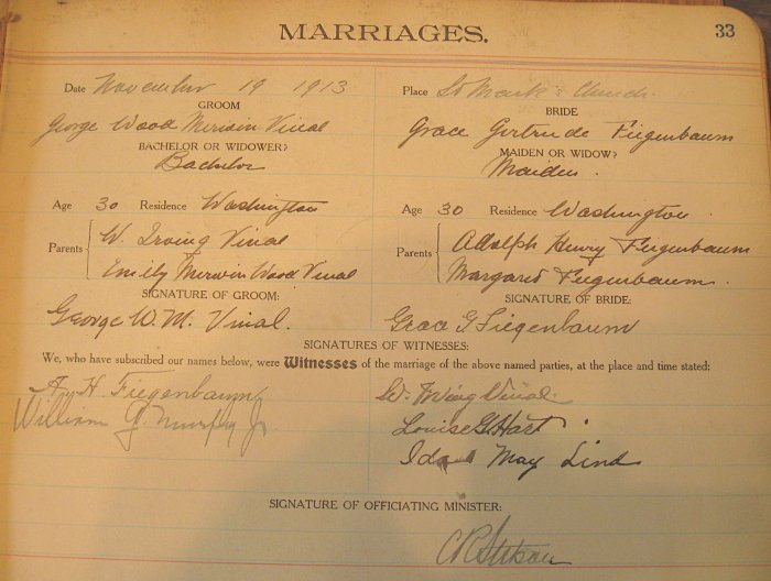 church record of Vinal-Fiegenbaum marriage