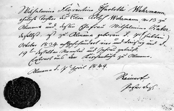 letter from church in Almana, Germany reporting Wilhelmine Florentine Charlotte Wehrmann's birth and baptism