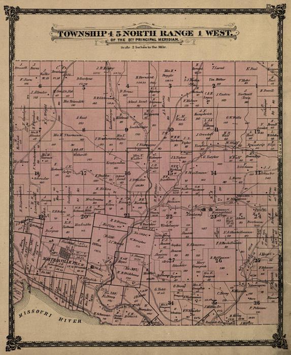 a survey map of a portion of Warren County, Missouri to the west and north of Marthasville