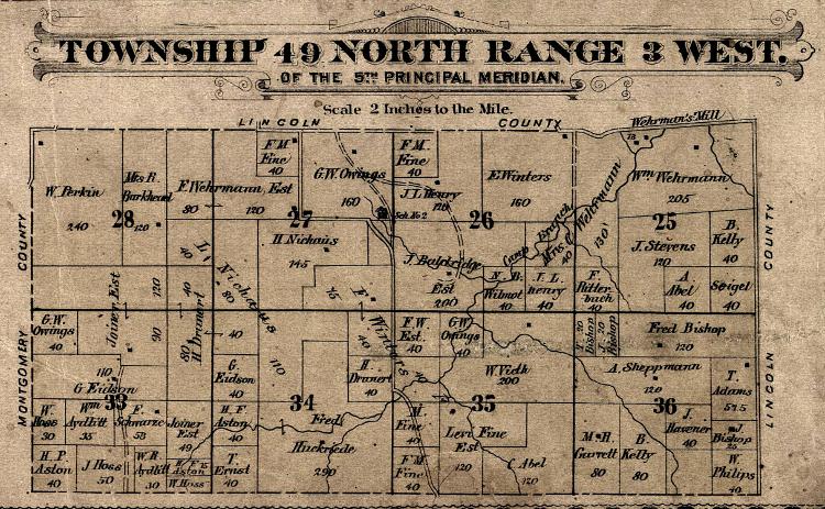 survey map showing the far northern part of Camp Branch Township. in Warren County, Missouri in 1877