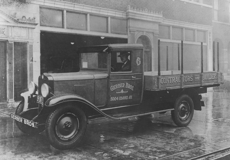 photograph in 1929 of a truck owned by Gerber Brothers, Contractors and Builders