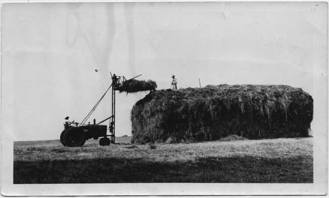 photo from a distance of brothers, Ed and John Fiegenbaum, stacking hay in a field
