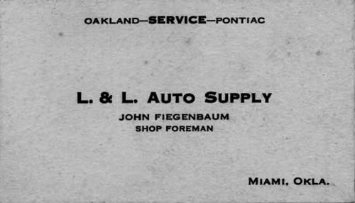 business card for John Fiegenbaum, shop foreman at L. and L. Auto Supply