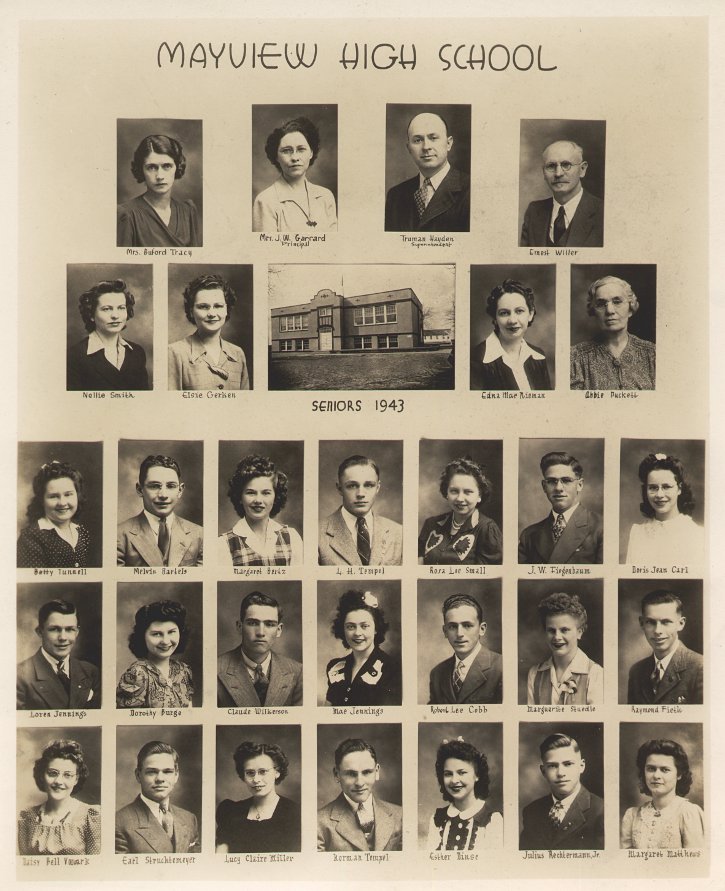 professional photographic showing a photo of the school and individual portraits of the teachers and the graduating class of 1943