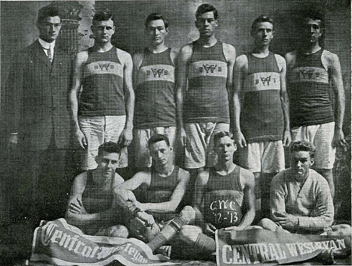 photo from the college yearbook of the First Basket Ball Team at Central Wesleyan College in 1913