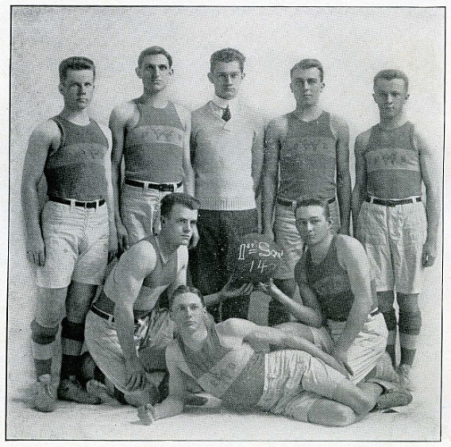 group photographic portrait of the first squad basketball team at Central Wesleyan College in 1914
