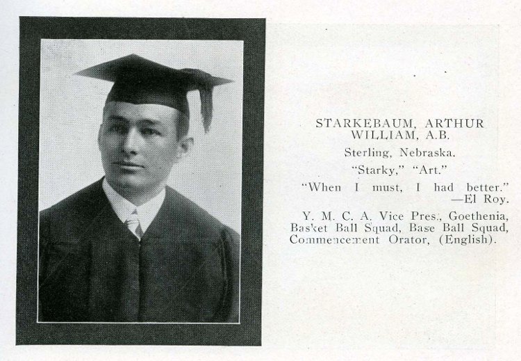 photographic portrait and entry of Arthur William Starkebaum in the 1914 yearbook at Central Wesleyan College